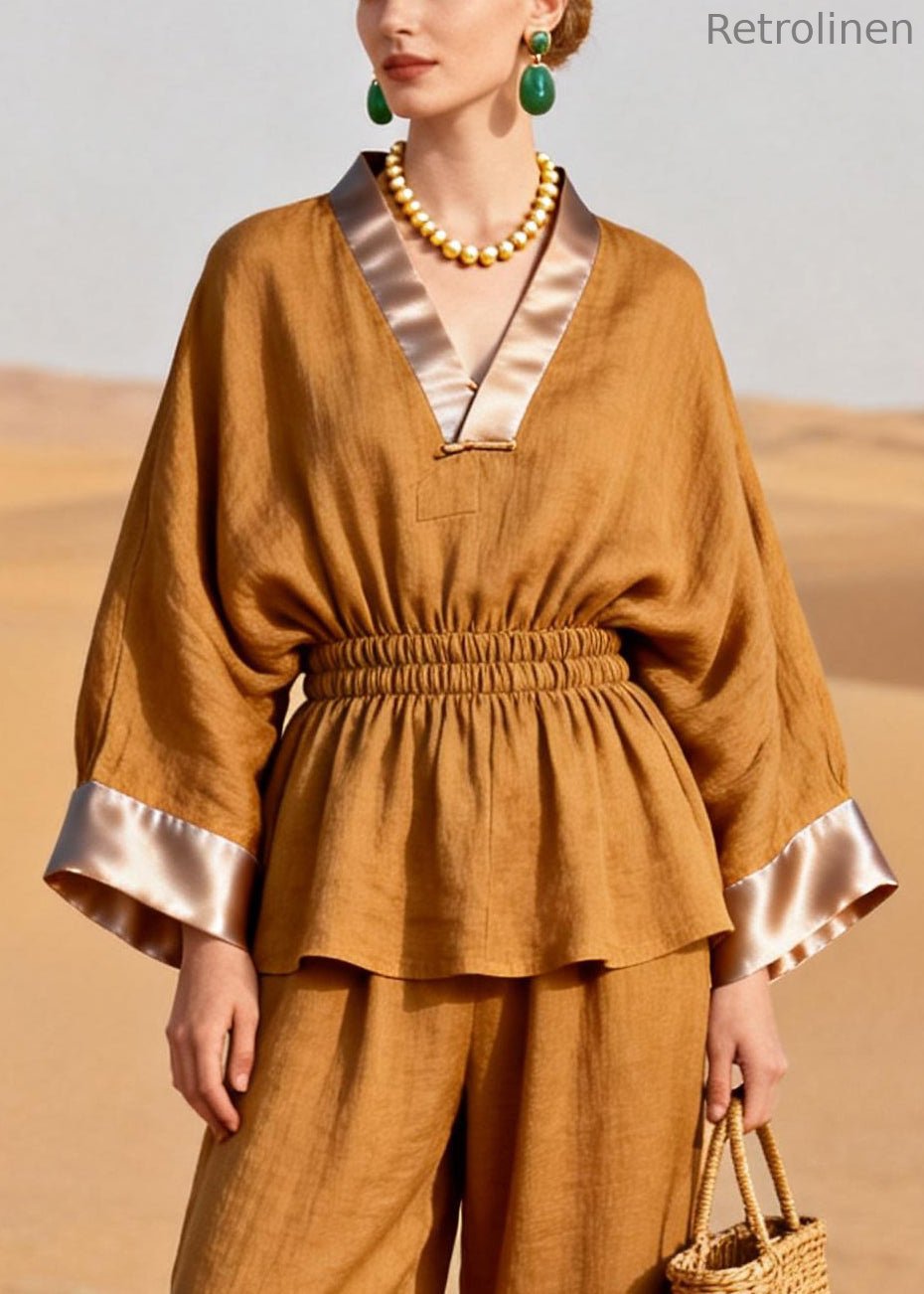 Slim Fit V Neck Elastic Waist Silk Patchwork Two Pieces Set Spring