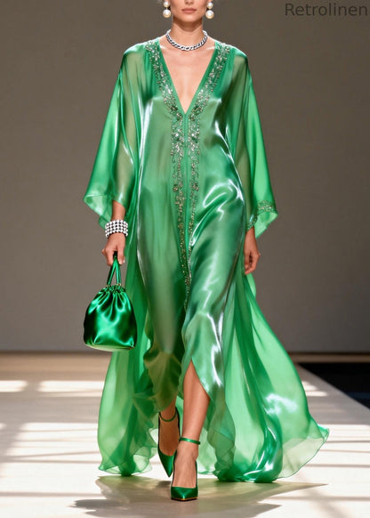 Green V Neck Zircon Chiffon Long Dresses Summer