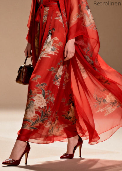 Red Print Draping Chiffon Oriental Dress Two Piece Suit Set Summer