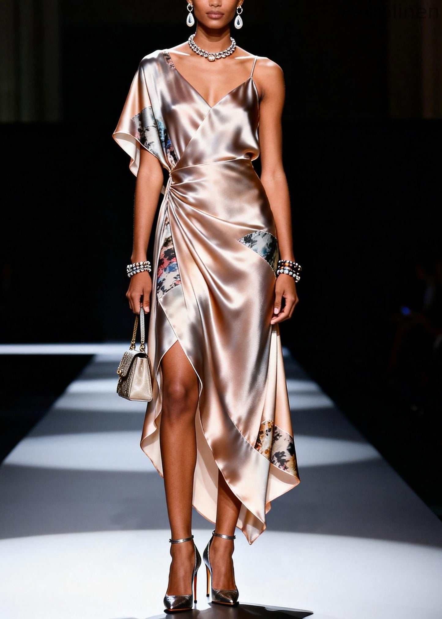 Apricot Asymmetrical Patchwork Silk Sundress Summer