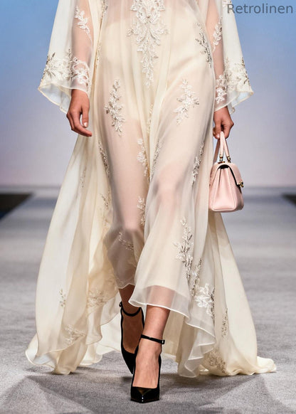 French White Embroidered Exra Large Hem Chiffon Party Dress Summer