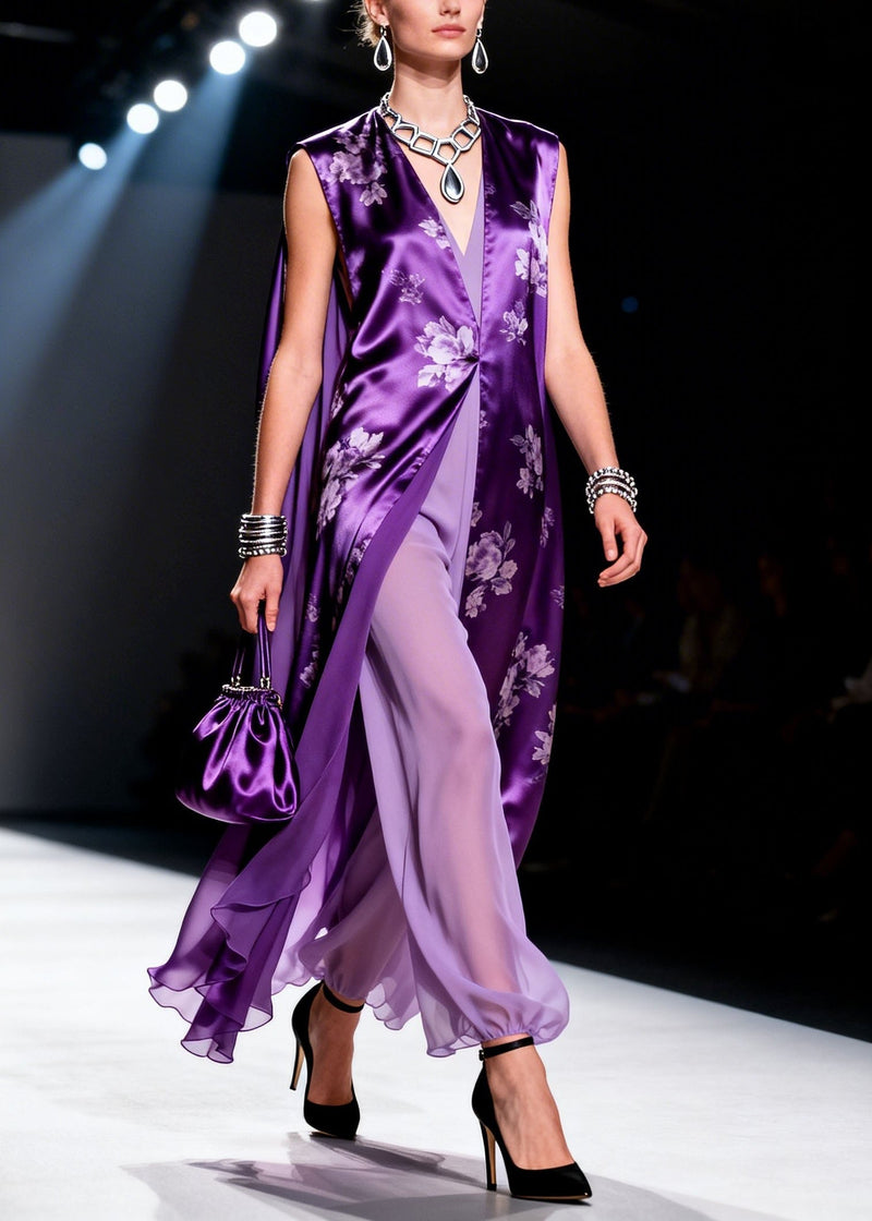 Purple V Neck Print Chiffon Two Piece Suit Set Summer