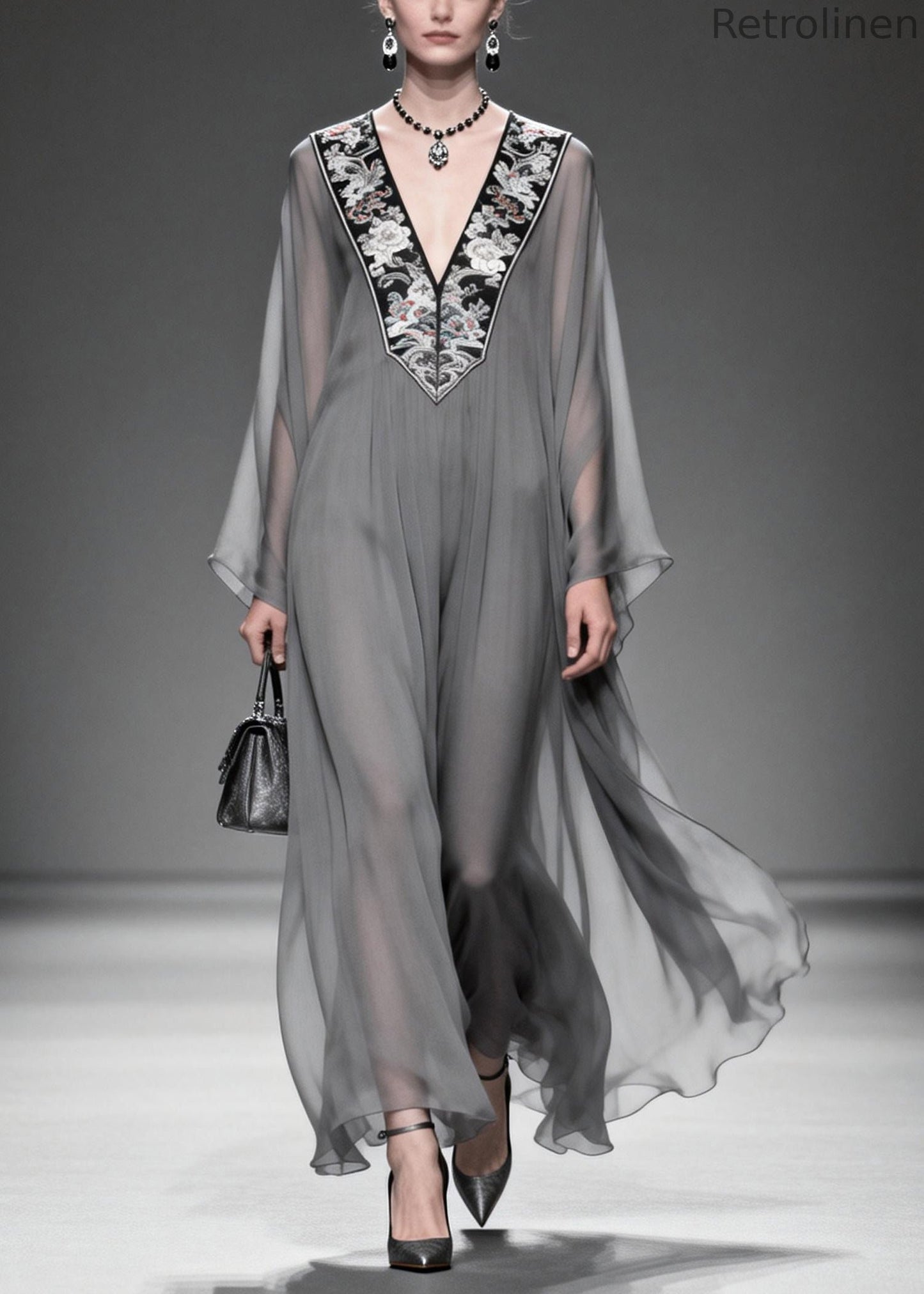 Grey V Neck Patchwork Chiffon Maxi Dress Summer