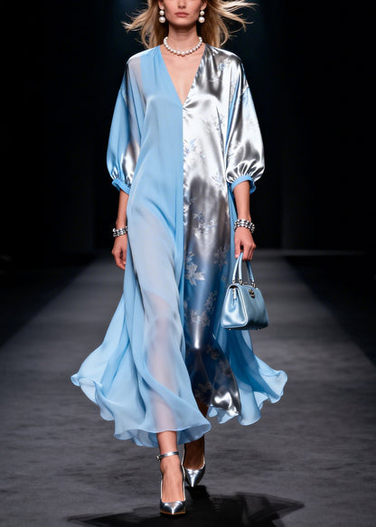 Blue Asymmetrical Patchwork Silk Long Dresses Summer