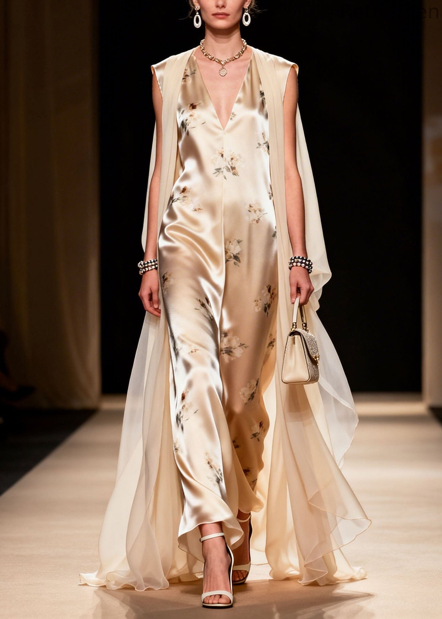 Fine V Neck Print Chiffon Silk Two Pieces Set Summer