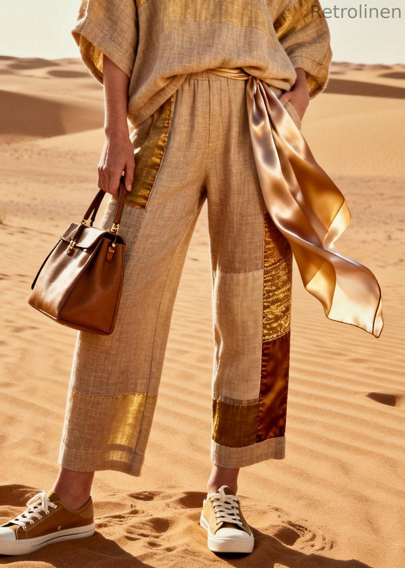 Khaki V Neck Tops and Crop Pants Patchwork Silk Linen Two Pieces Set Batwing Sleeve