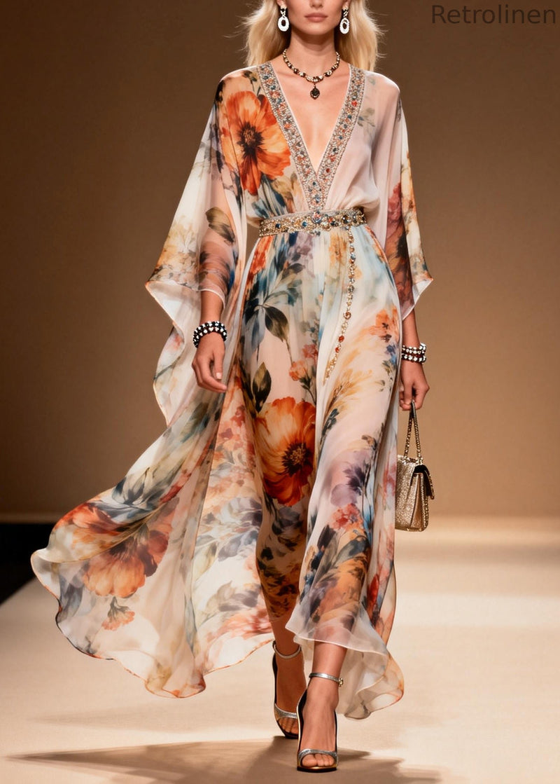 Apricot Print Zircon Chiffon Holiday Dresses Summer