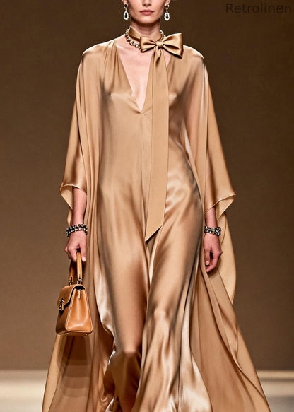 Classy Simple V Neck Silk Long Dress Spring
