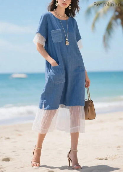 Style Denim Blue Oversized Patchwork Tulle Straight Dress Summer