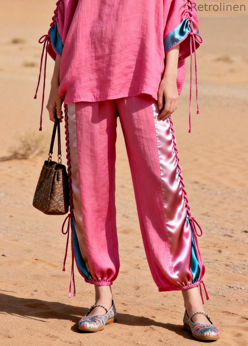 Pink Shirts and Crop Pants Silk Patchwork Two Piece Set Cinched Summer