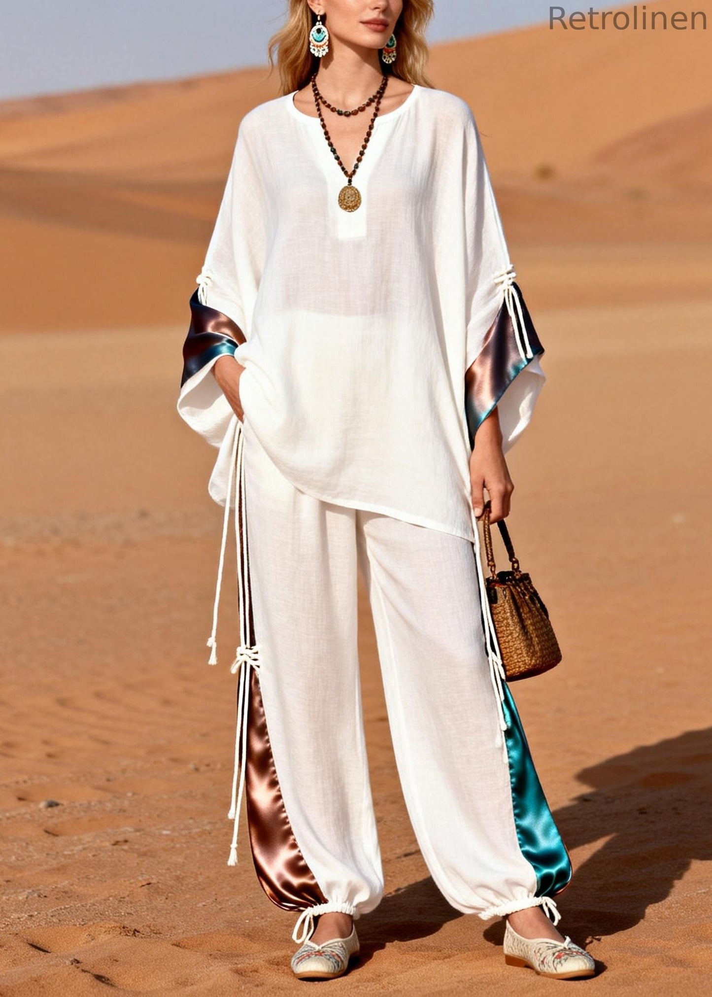 French White V Neck Drawstring Silk Patchwork Two Piece Set Spring