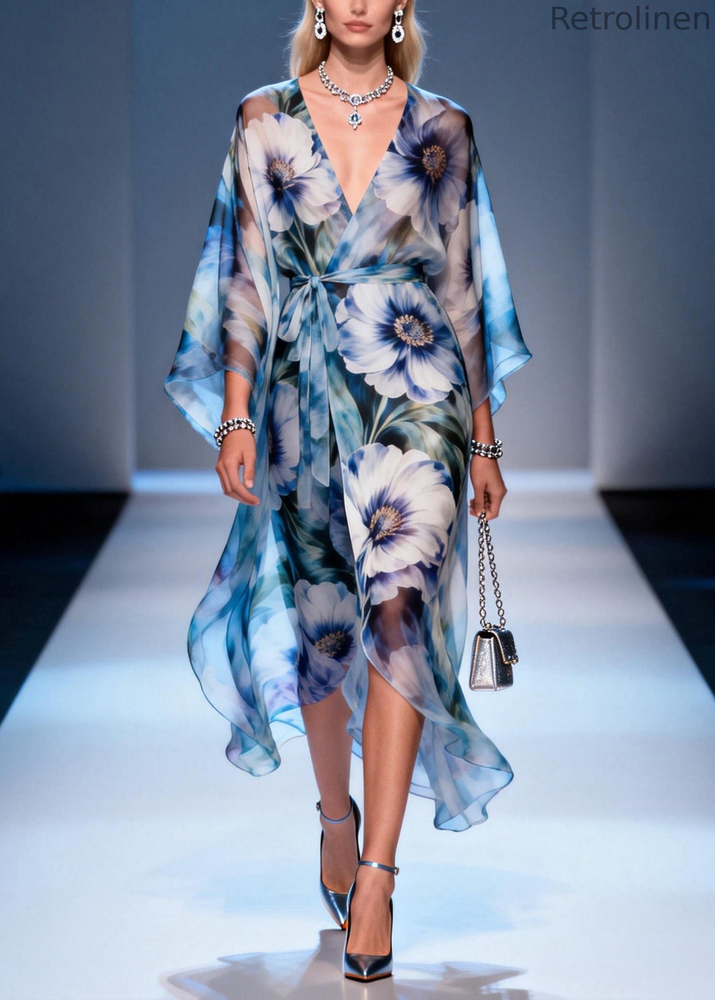 V Neck Print Lace Up Chiffon Dresses Summer