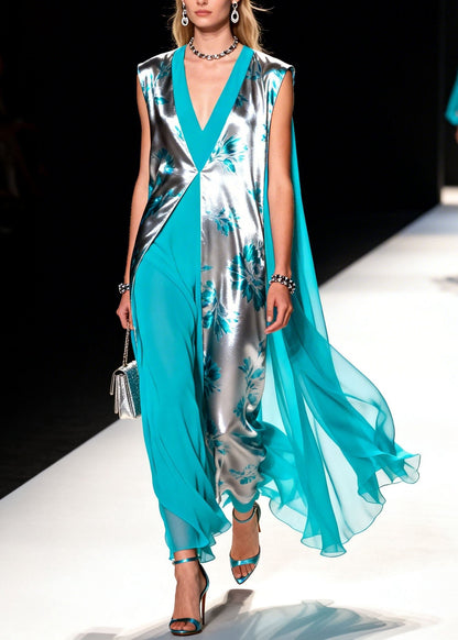 Colorblock V Neck Patchwork Chiffon Dress Summer