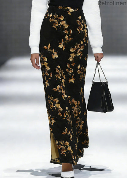 Loose Black Print Side Open Silk Velvet Skirt Spring