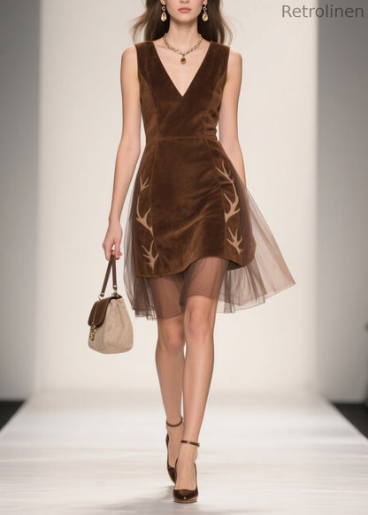 Italian V Neck Tulle Patchwork Velour Dresses Sleeveless