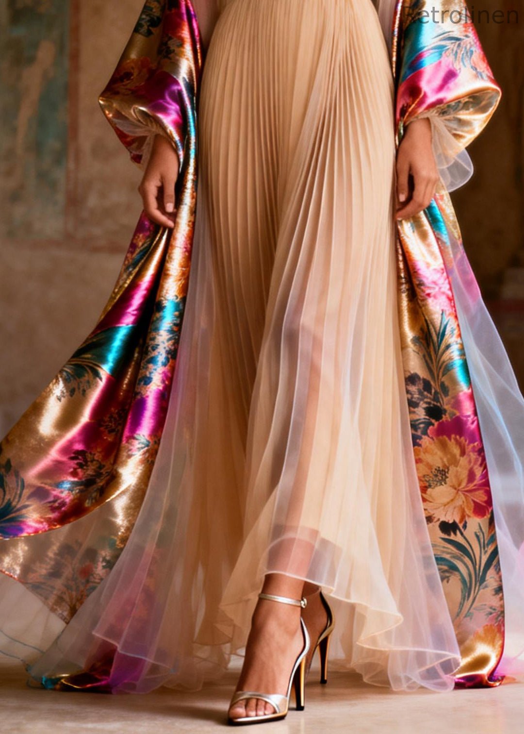 Stylish Apricot Exra Large Hem Patchwork Chiffon Pleated Dress Summer