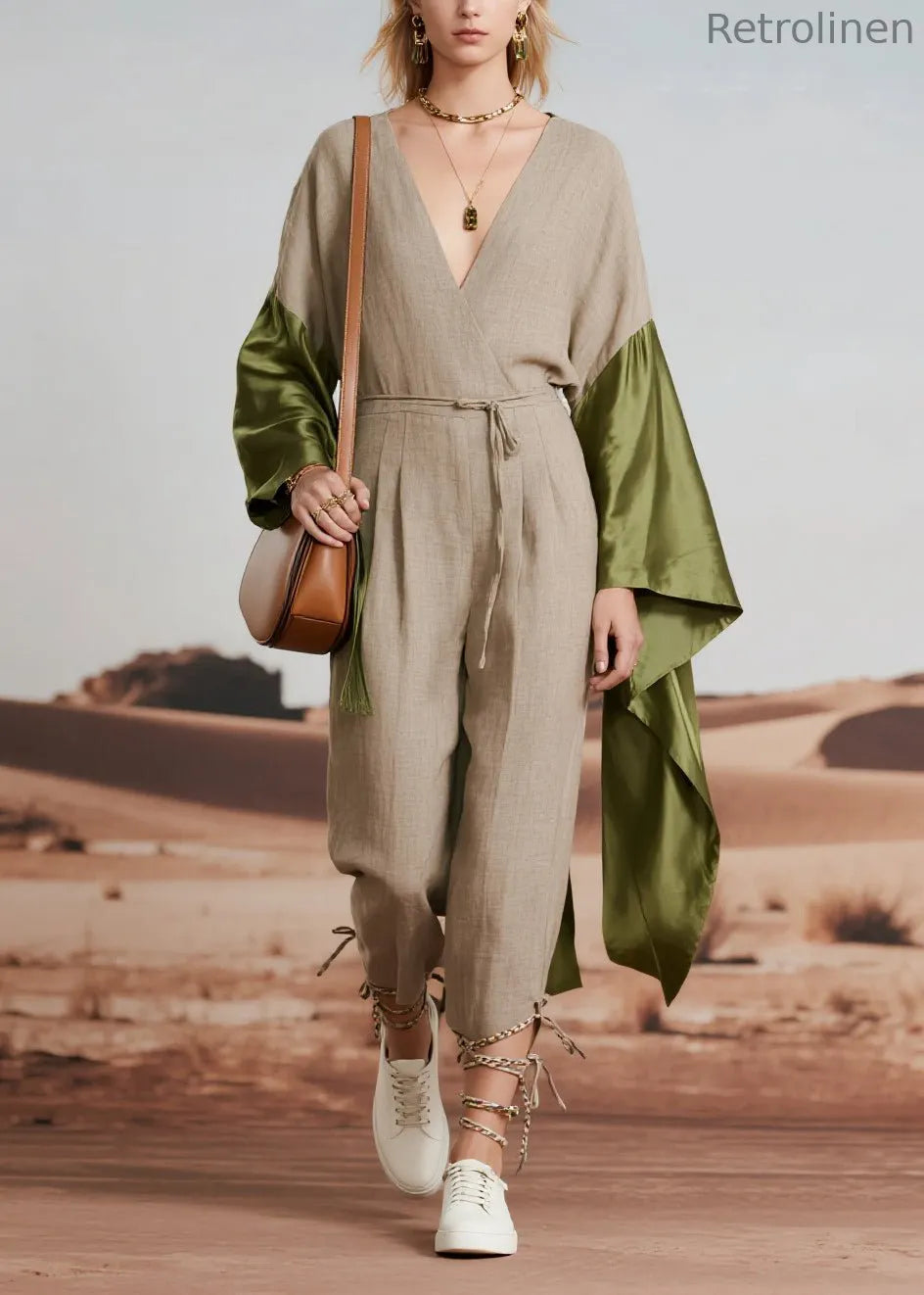 Light Grey Asymmetrical Patchwork Linen Jumpsuit Spring