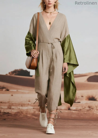 Light Grey Asymmetrical Patchwork Linen Jumpsuit Spring