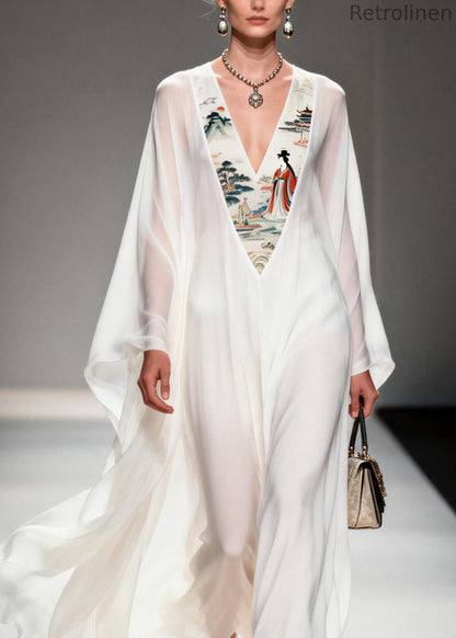White V Neck Print Patchwork Chiffon Dresses Spring