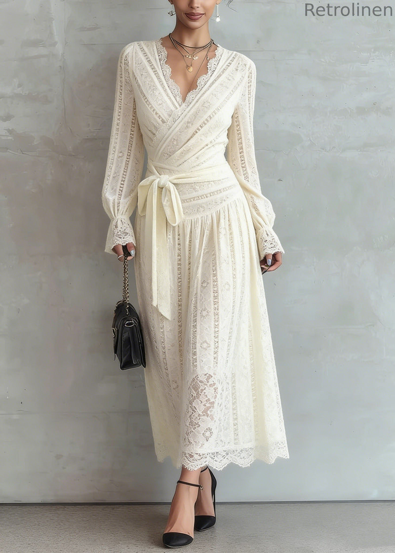 Beige Lace Tie Waist Warm Fleece Long Dress Spring