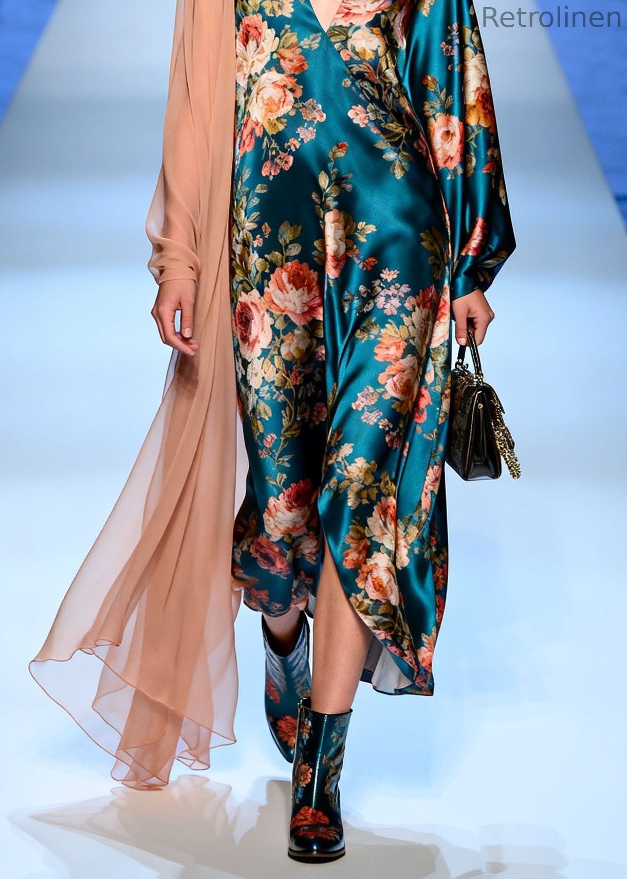 Modern V Neck Print Patchwork Silk Maxi Dresses Spring
