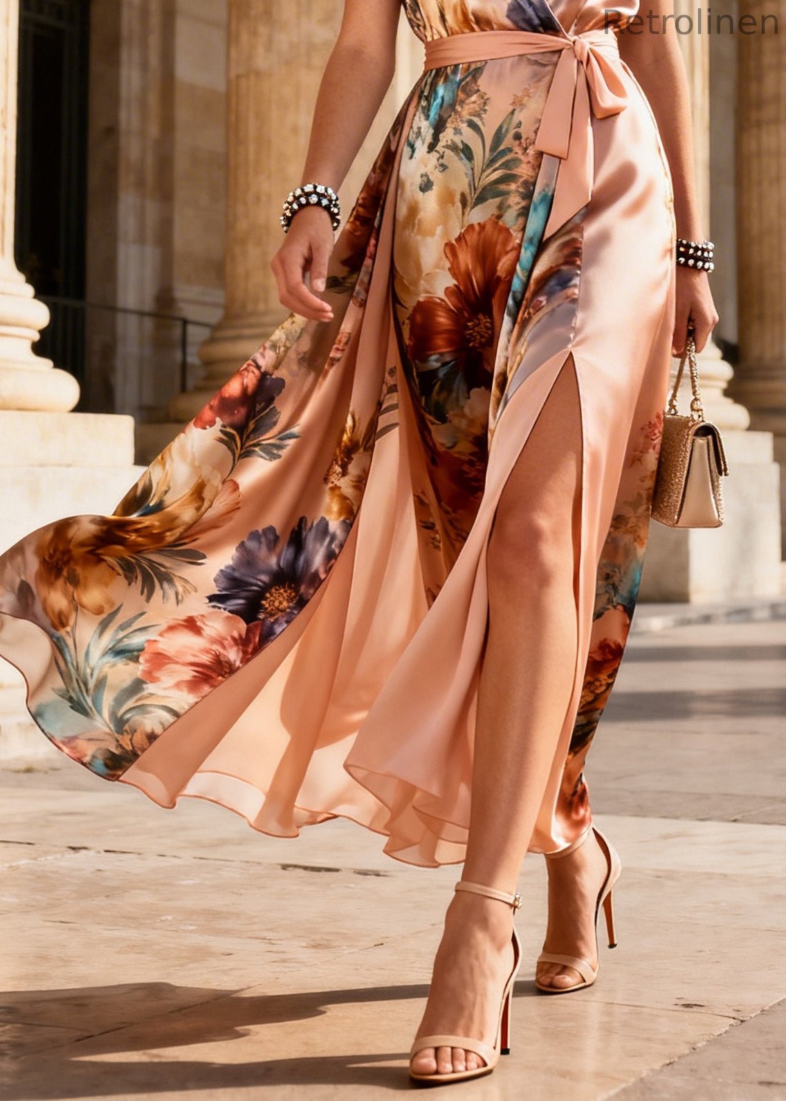 Apricot Tunic Print Side Open Chiffon Long Dress Sleeveless