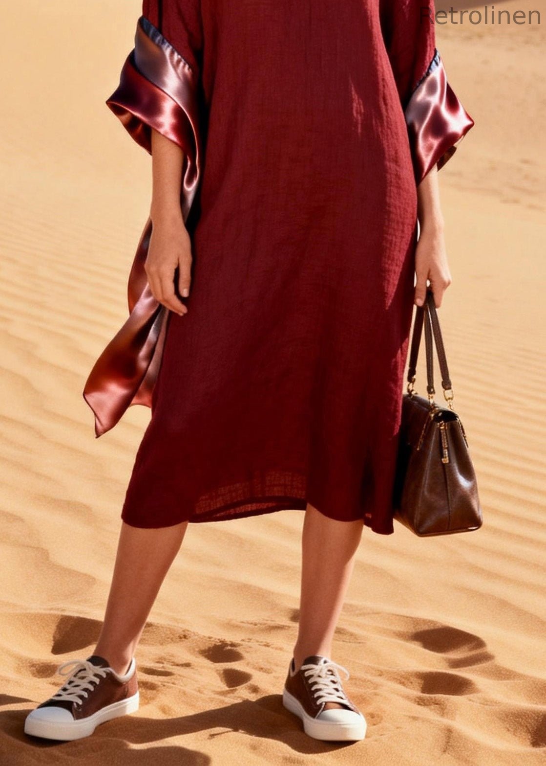 Original Design V Neck Silk Patchwork Linen Dress Summer