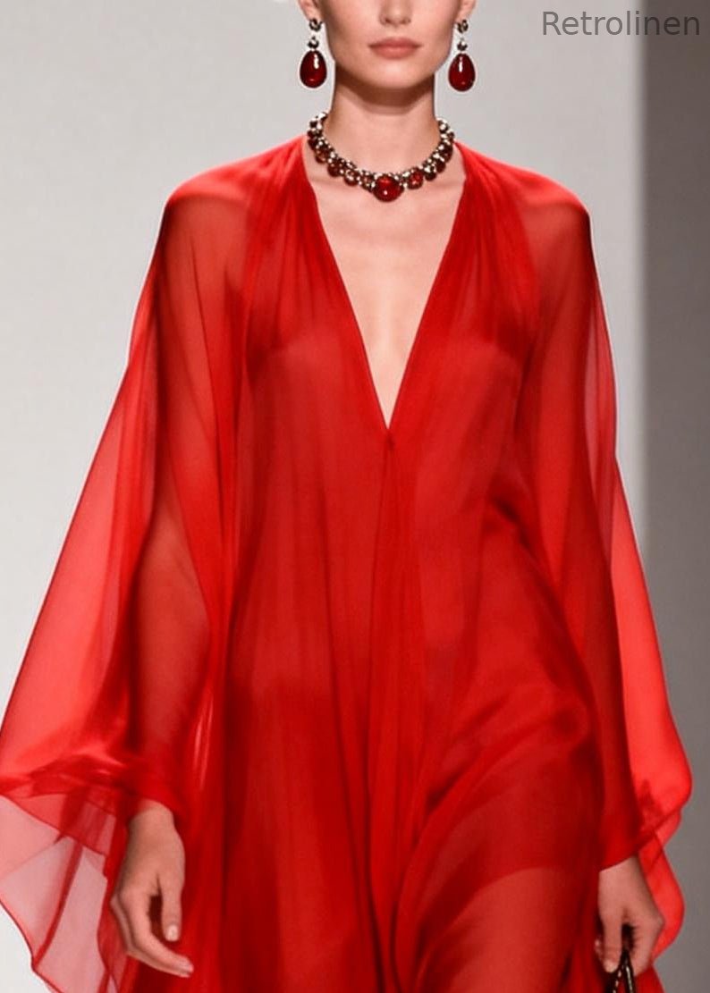 Natural Red Oversized Draping Chiffon Robe Dresses Summer