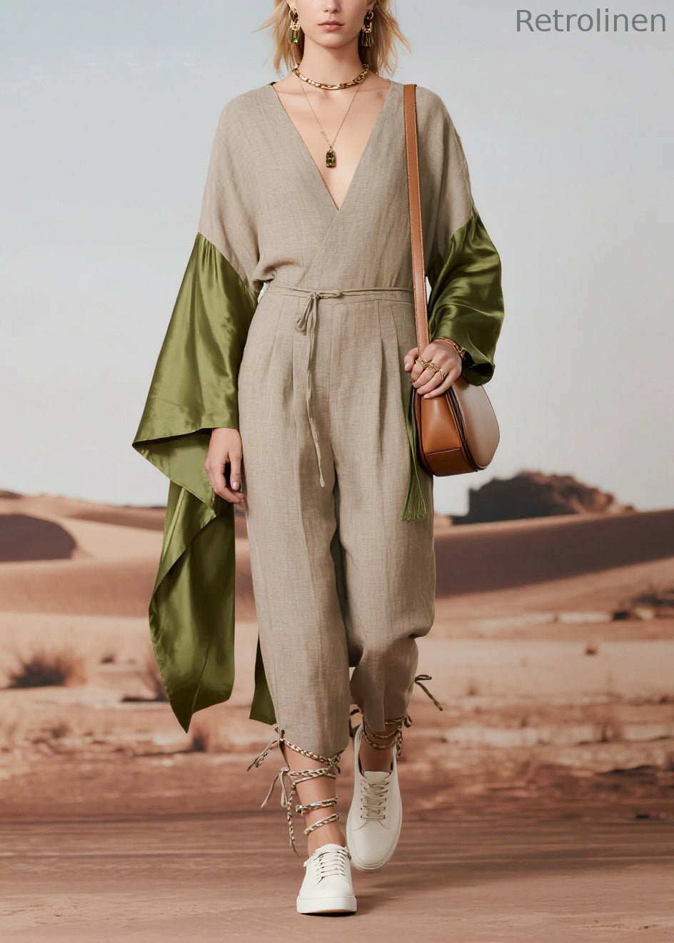 Light Grey Asymmetrical Patchwork Linen Jumpsuit Spring