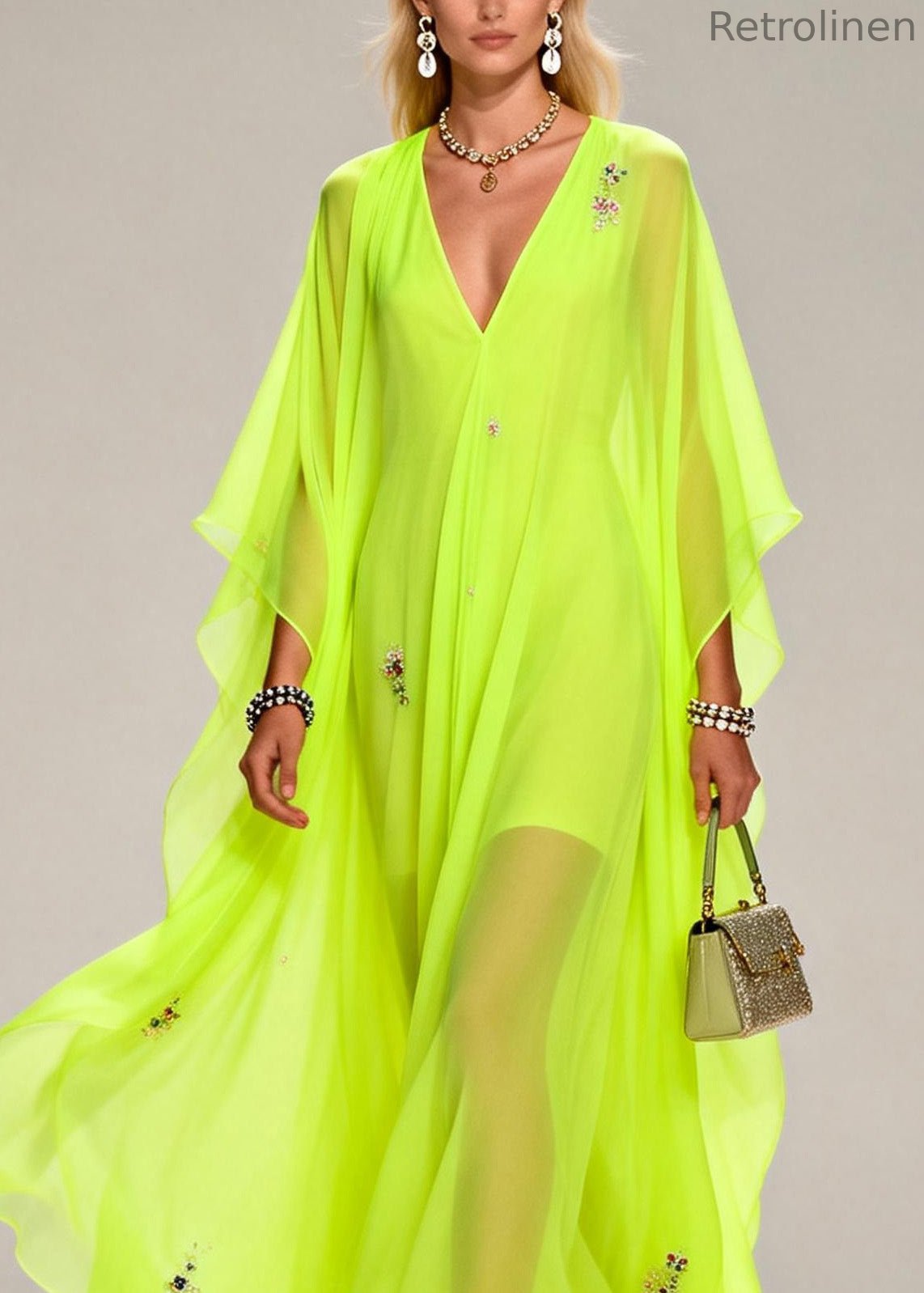 Handmade Fluorescent Green V Neck Zircon Chiffon Dresses Summer