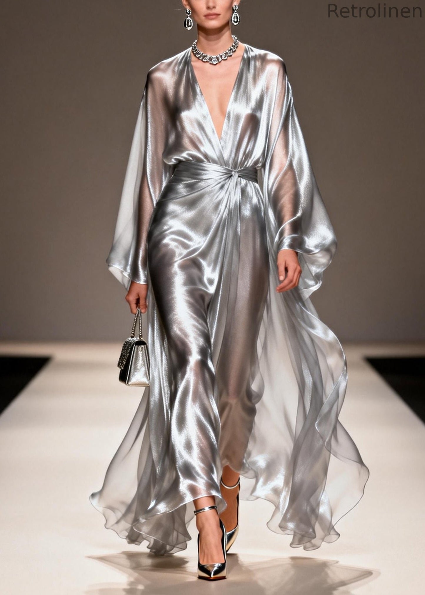 Silvery Draping Chiffon Dresses V Neck Exra Large Hem Summer