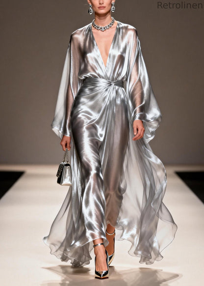 Silvery Draping Chiffon Dresses V Neck Exra Large Hem Summer