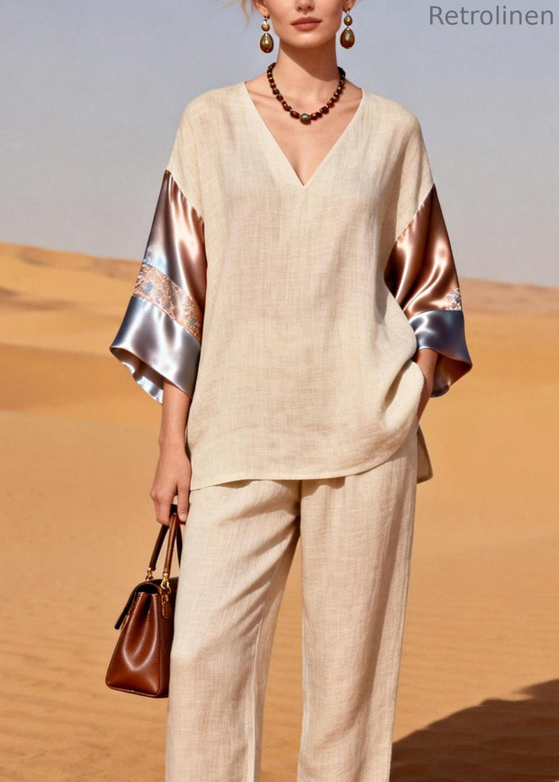 Organic V Neck Patchwork Linen Silk Two Pieces Set Summer