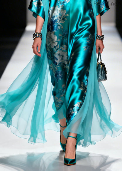 Blue Oversized Patchwork Print Silk Holiday Dress Summer