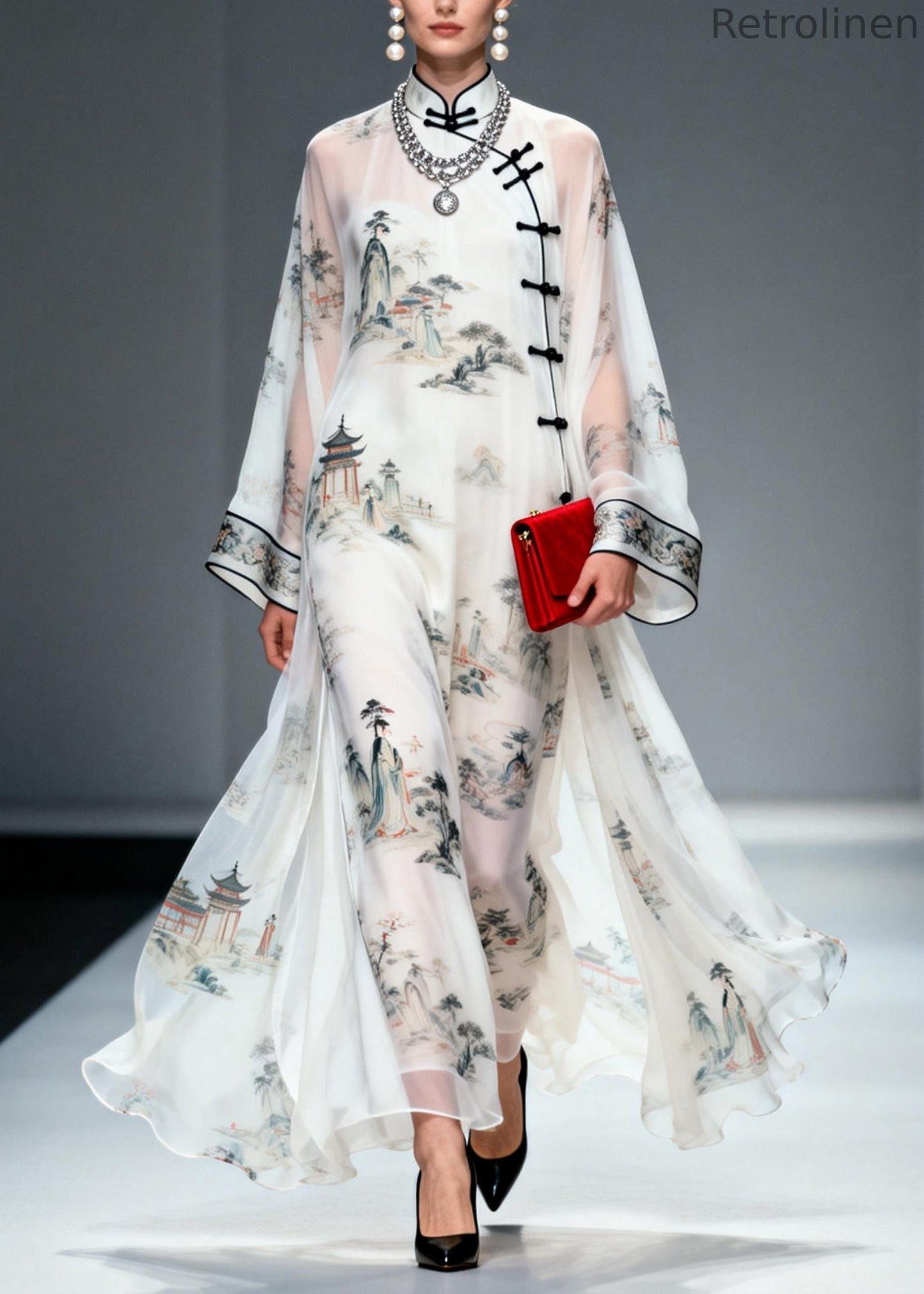 Chinese Style White Print Exra Large Hem Chiffon Dresses Summer
