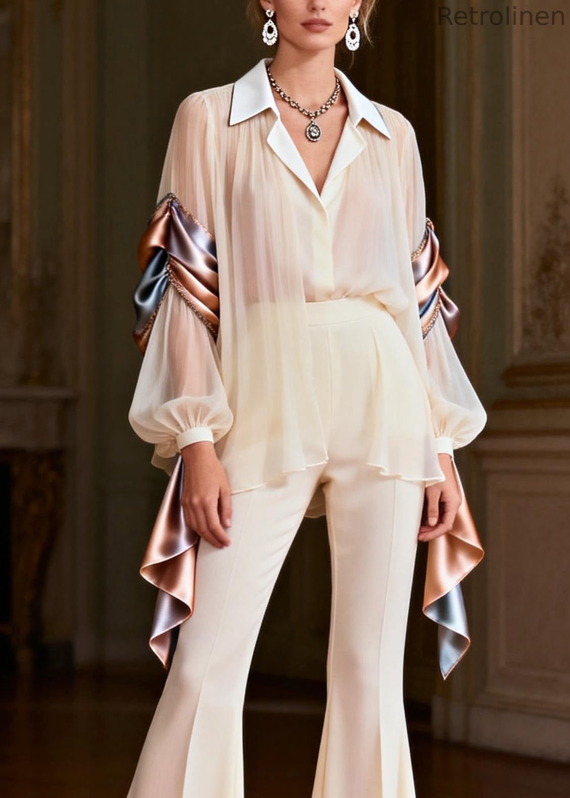 Peter Pan Collar Patchwork Silk Two Pieces Set Spring