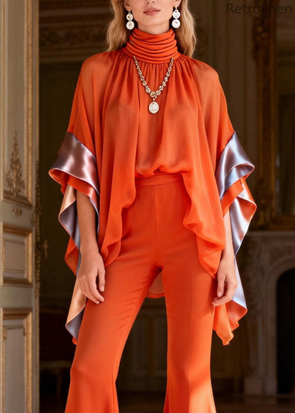 Art Orange Turtleneck Patchwork Chiffon Top and Flared Trousers Two Piece Set Flare Sleeve