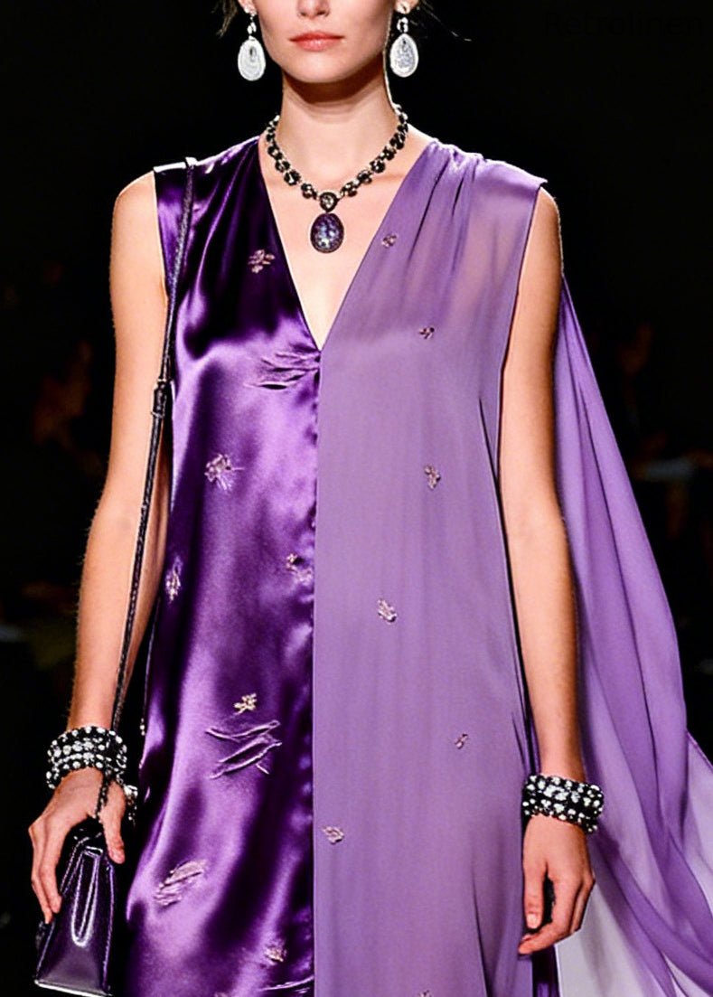 Italian Purple Asymmetrical Patchwork Silk Long Dress Sleeveless