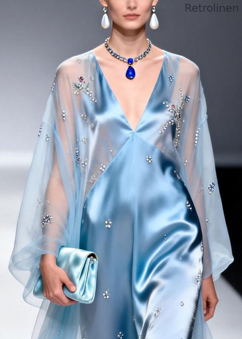 Sky Blue Patchwork Tulle Chiffon Evening Dresses Rhinestone Summer