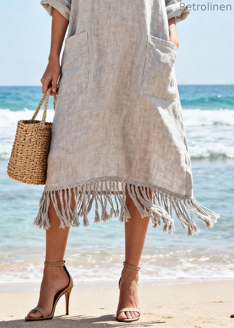 Organic Light Grey Tasseled Pockets Cotton Long Dress Spring