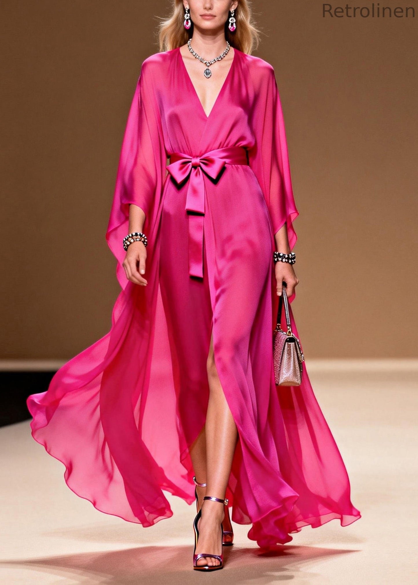 Rose V Neck Lace Up Chiffon Long Dress Summer