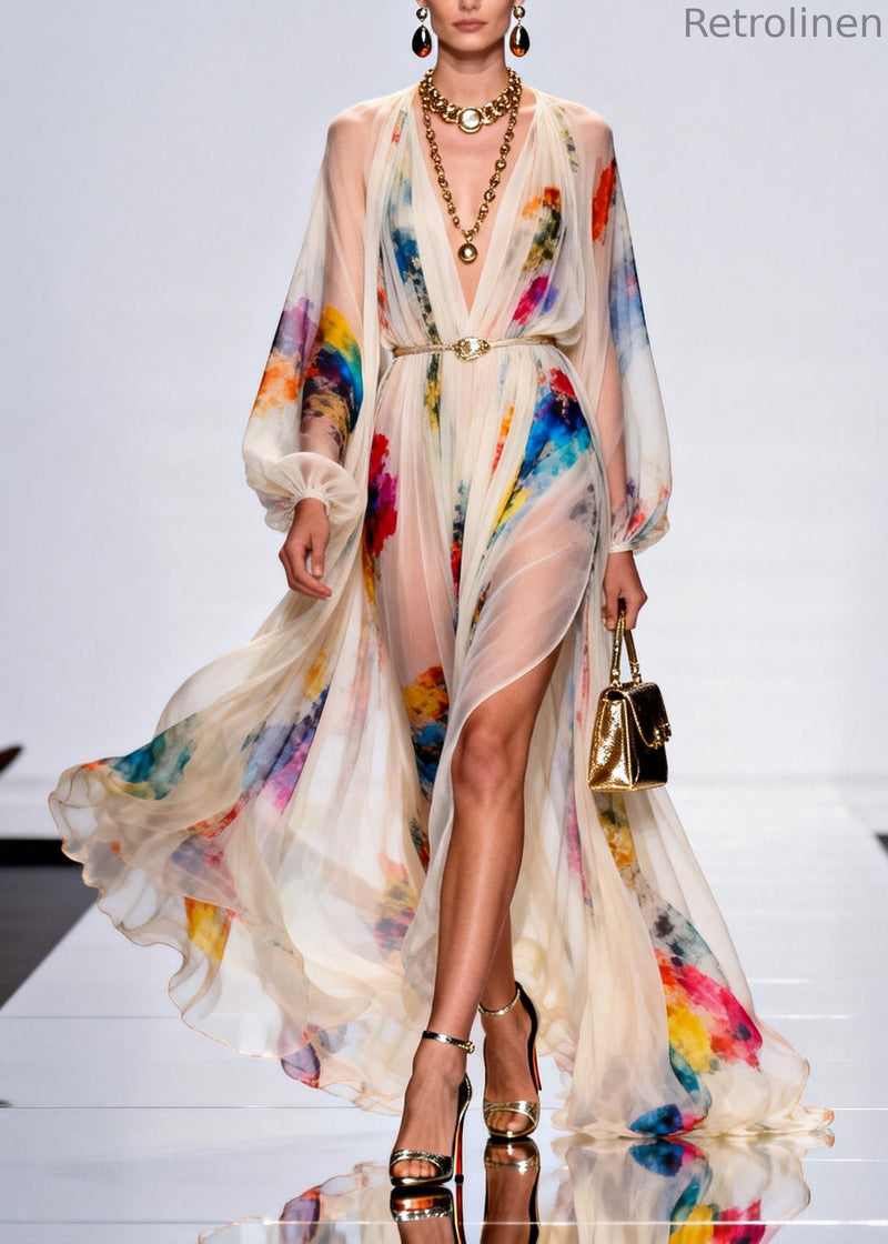 V Neck Side Open Print Cotton Robe Dresses Spring