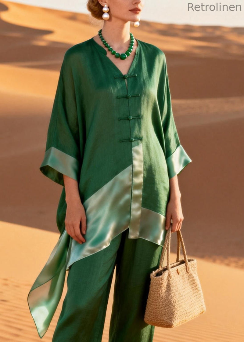 Green Button Silk Patchwork Two Pieces Set Asymmetrical Bracelet Sleeve