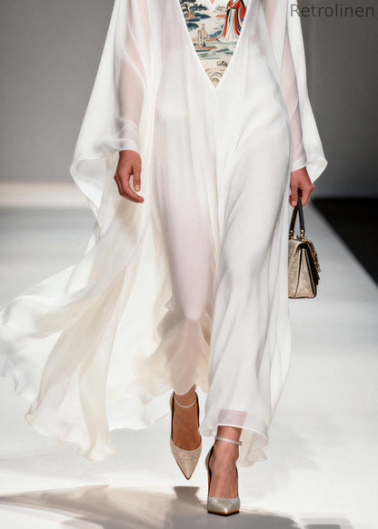 White V Neck Print Patchwork Chiffon Dresses Spring