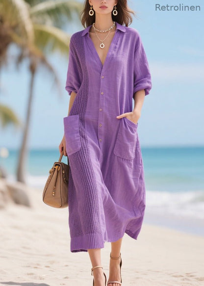 Modern Lavender Oversized Patchwork Pockets Cotton Dress Spring