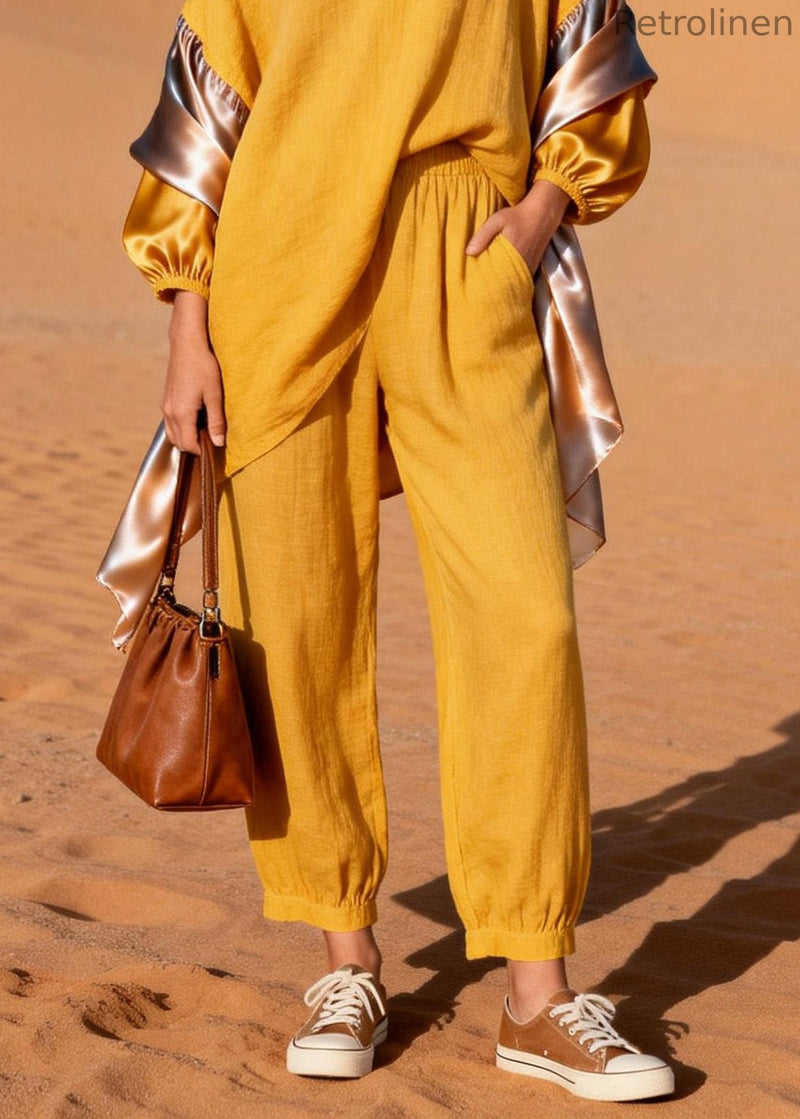 Stylish Yellow V Neck Patchwork Linen Silk Two Pieces Set Spring