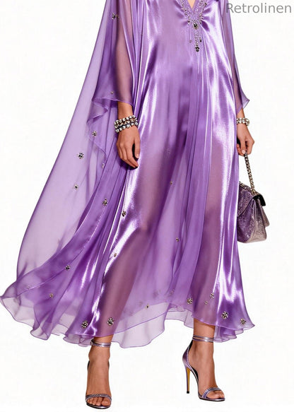 Italian Purple V Neck Zircon Patchwork Chiffon Dresses Summer