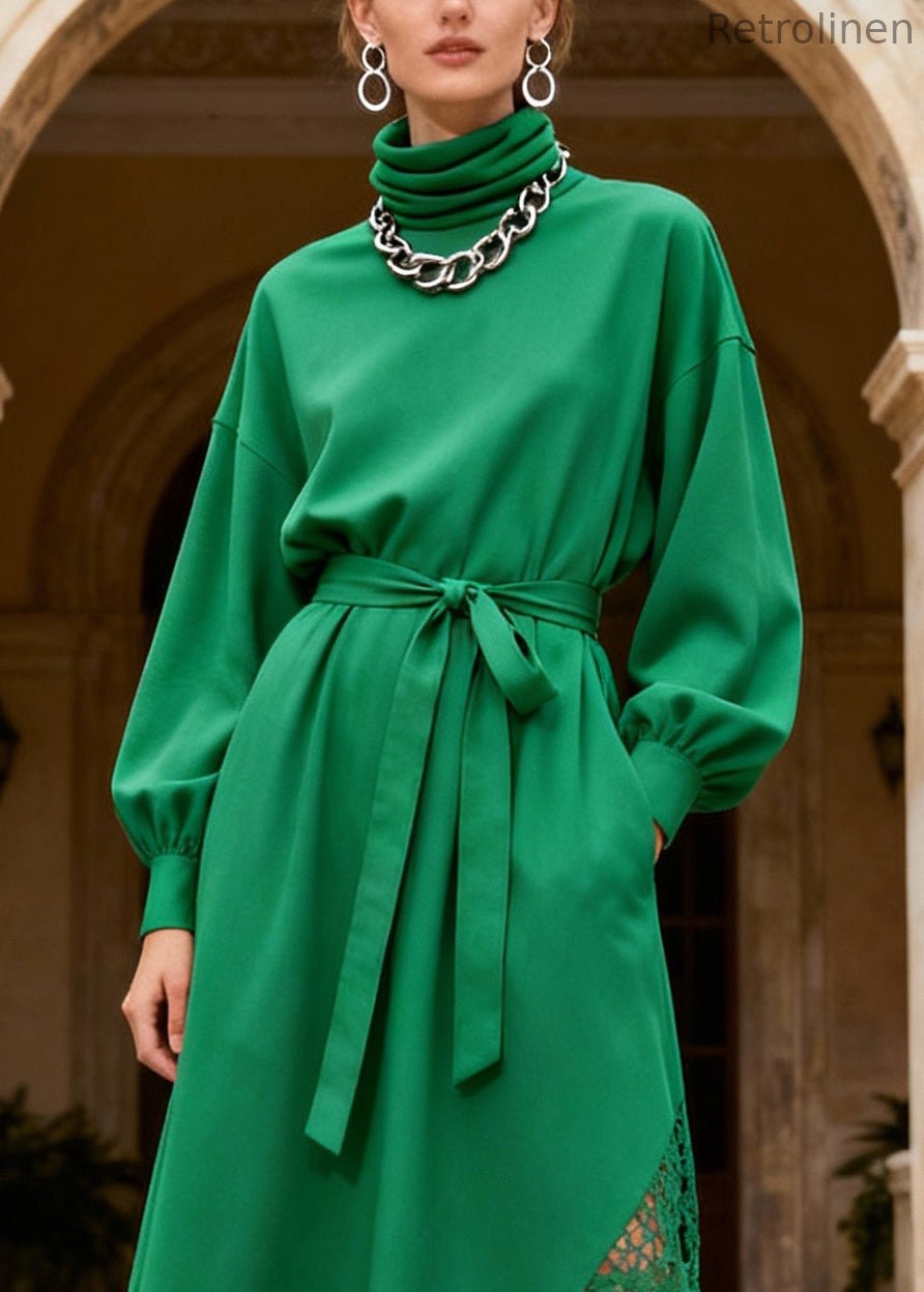 Novelty Green Turtleneck Patchwork Pockets Maxi Dresses Lantern Sleeve