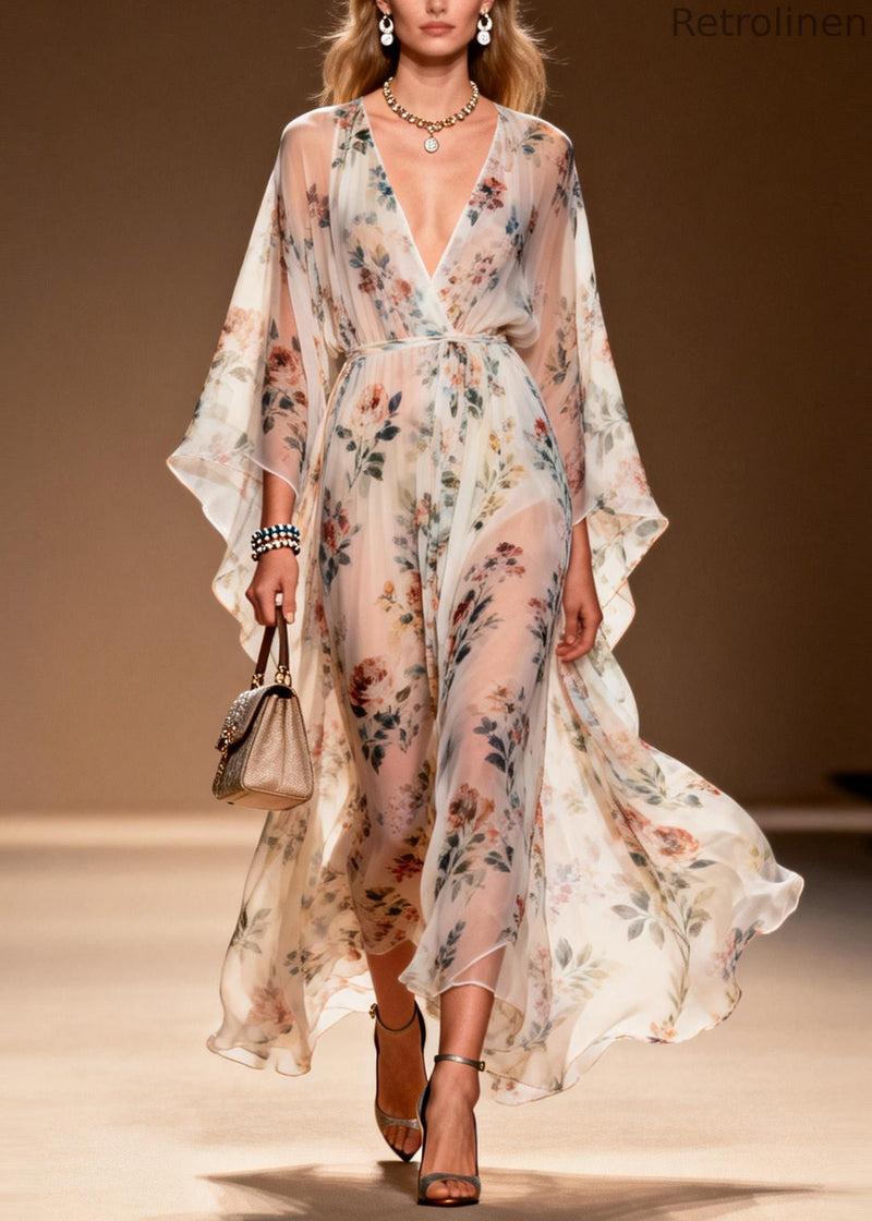 V Neck Print Chiffon Long Dresses Summer