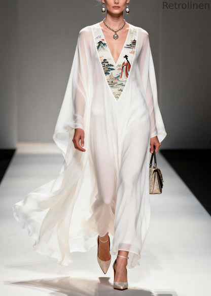 White V Neck Print Patchwork Chiffon Dresses Spring